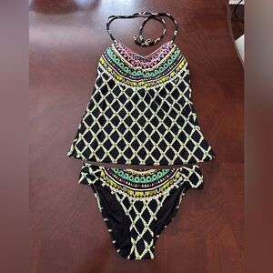 Trina Turk Black and Multi Color Geometric Tankini